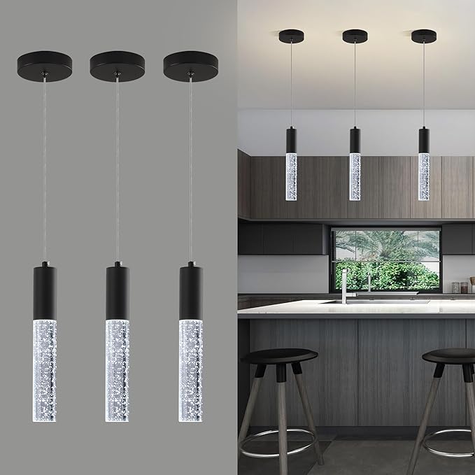 3-Pack Modern Crystal Pendant Light for Kitchen Island, Elegant Black LED Bubble Hanging Chandelier Lighting Fixture for Dining Room Bedside