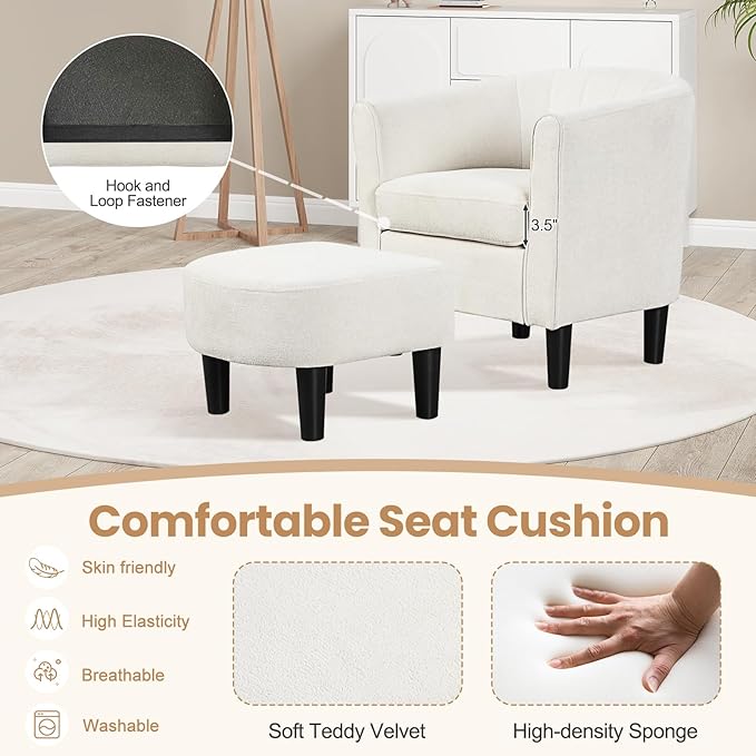 KOMFOTT Accent Chair with Ottoman, Upholstered Teddy Velvet Barrel Chair with Footrest, Comfy Club Sofa with Curved Backrest, Thick Seat Cushion, Modern Arm Chair for Living Room, Bedroom, Beige