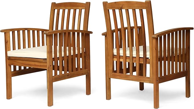 Great Deal Furniture Phoenix Acacia Patio Dining Chairs, Acacia Wood with Outdoor Cushions, Brown Patina and Cream (Set of 2), (307161)