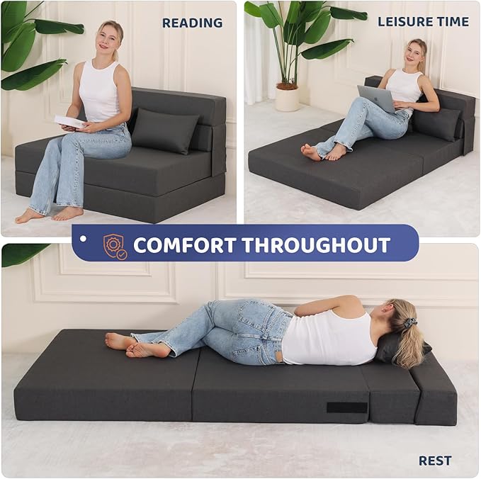 Fvkind Folding Sofa Bed, Foldable Sleeper Chair with Pillow, Convertible Fold Out Chair Bed with Washable Cover, Foldable Mattress for Living Room, Bedroom, Guest Room, Single Size, Dark Grey