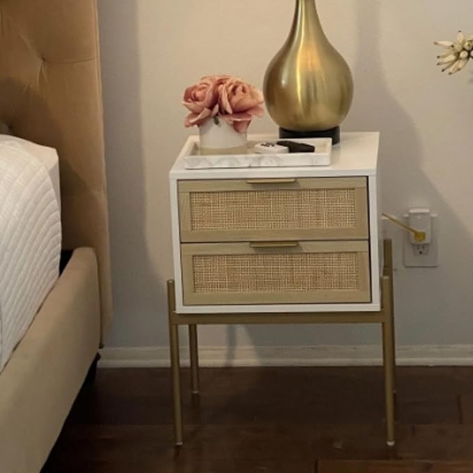 Andrew End, Bedside or Side Table in Matte White Finish with Two Natural Rattan Drawers Doors for Storage and Brass Gold Accents for Living Room or Bedroom, White/Cane/Gold