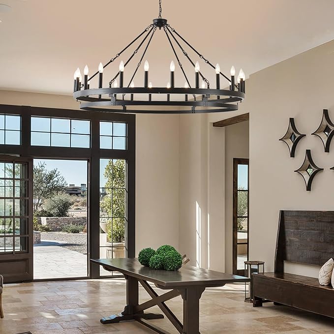 53 inch Large Black Wagon Wheel Chandelier,Farmhouse Industrial Country Style Round Pendant Light Fixture,Round Ceiling Light fixtures for Outdoor Porch high Ceilings Living Foyer Entryway
