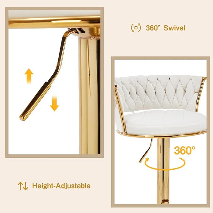 VECELO Bar Stools Set of 2, Adjustable Barstools Counter Height Stools with Back and Arm, Velvet Woven Kitchen Island Stools w/Gold Metal Leg & Base, 360° Swivel Bar Chair for Pubs Dining Room, White