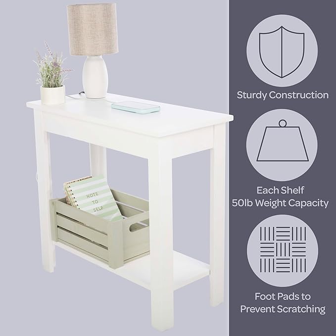 Narrow Side Table with Charging Station - Small End Table with 2 USB Ports, 2 Power Outlets, and Storage Shelf - Slim Nightstand for Living Room, Bedroom, or Small Spaces by Lavish Home (White)