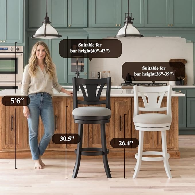 Swivel Bar Stools Set of 6,26 Inch Counter Height Barstool with Silent Rotation, High-Density Foam Cushion, Solid Wood Frame, Footrest & Anti-Slip Pads for Kitchen Islands and Home Bars (White)