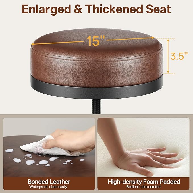 Adjustable Height Swivel Bar Stool, 22-29 Inch Industrial Vintage Bar Counter Height Stool with Thicken Premium Bonded Leather Seat & Updated Footrest, Easy Assembly, Brown