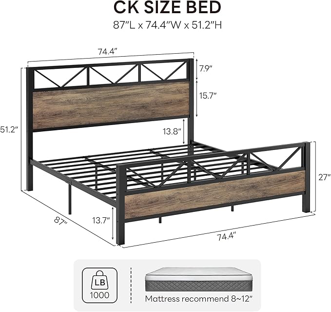 LIKIMIO California King Bed Frame, Tall Industrial Headboard 51.1 ", Platform Bed Frame with Strong Metal Support, Solid and Stable, Noise Free, No Box Spring Needed, Easy Assembly, Rustic Maple