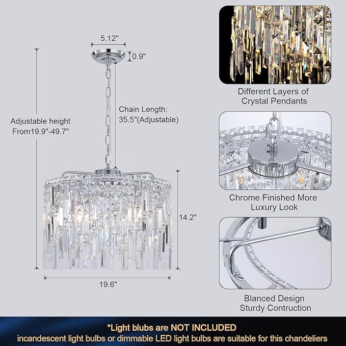 Round Crystal Chandelier Modern 20" Drum Chandelier with Chain Chrome Adjustable K9 Raindrop Crystal Ceiling Pendant Fixtures 2 Tiers for Dining Room Bedroom Living Room