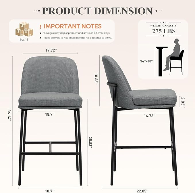 Bar Stools Set of 6, Modern Upholstered Counter Height Bar Chairs with Cushioned Seat and Curved Back, Fabric Kitchen Island Stools with Sturdy Metal Legs for Dining Room Island Bar, Dark Grey