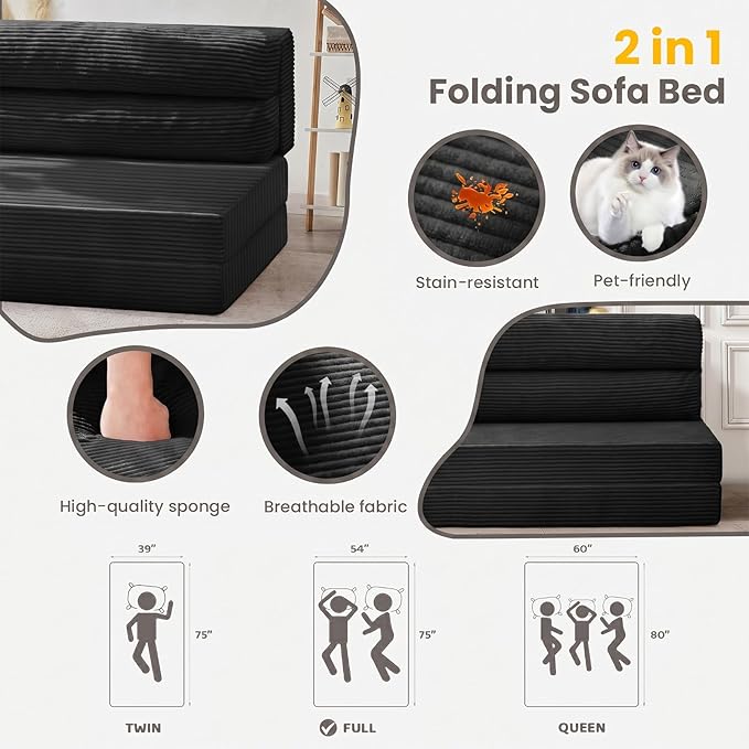 JUIKURY Folding Sofa Bed, Convertible Sleeper Chair with Pilow Foldable Matress, 2 in 1 Pull Out Loveseat Sofa Portable Fold Out Chair Bed Floor Couch Lounge for Living Room (Black, Full)