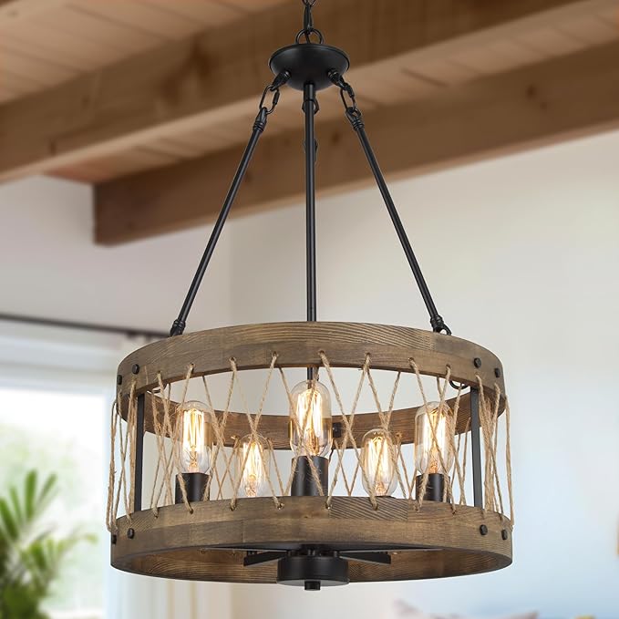 LALUZ Farmhouse Chandelier, 5-Light Rustic Drum Wood Dining Room Chandelier Light Fixture, Round Wooden Pendant Chandeliers Lights Fixtures for Dining Room, Living Room, Bedroom, Entryway