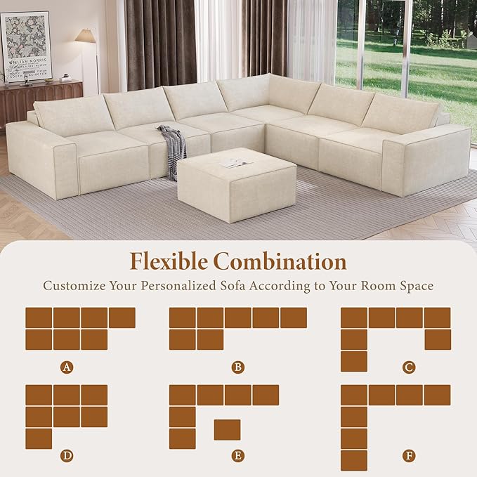 Vesgantti 143.7" Oversized Boneless Couch, Modern 7 Seater Modular Sectional Sofa with Deep Seat, Convertible Chenille Cloud Couches for Living Room, No Assembly Required, Beige