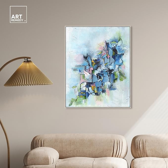 Art Remedy Poesy Canvas Modern Blue Abstract Wall Art, Silver Frame, 30" x 36"