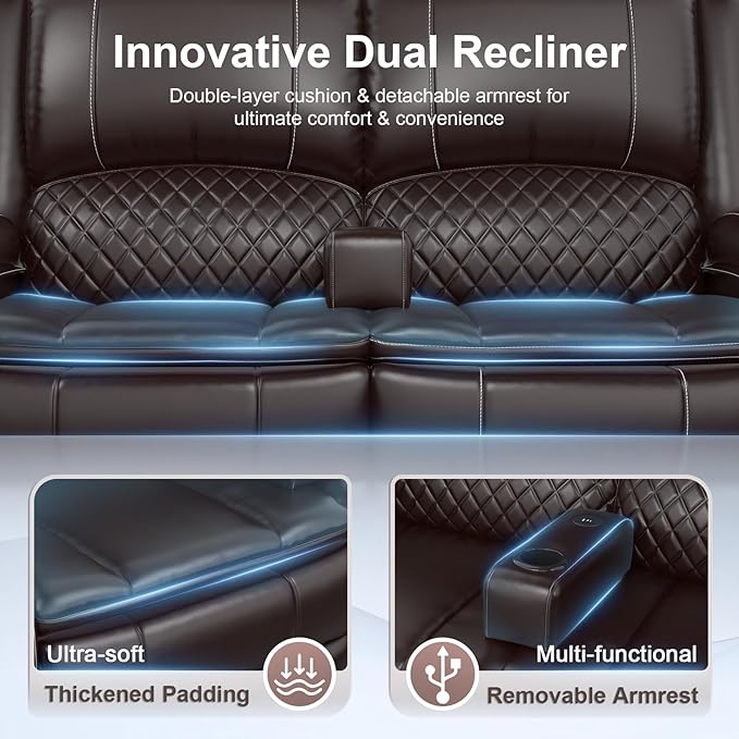 Yolsali Power Reclining Loveseat with Remote Control, Zero Wall Hugger RV Loveseat Recliner Sofa for Living Room with Removable Armrest, 2-Tier Cushions, Hidden Storage & USB Ports, PU Leather Brown