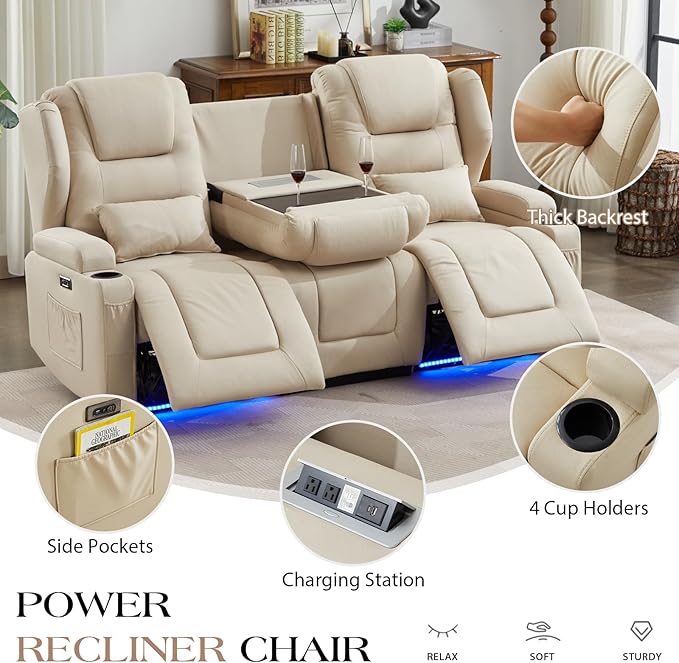Oprisen 3-Seater Power Recliner Sofa Couch Flip Middle Backrest Reclining Sofa Chair for Living Room with Charging Station/Cup Holders/LED Ambient Light