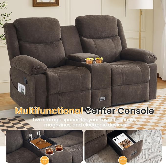 Reclining Loveseat with Console, Loveseat Recliner Sofa with Massage & Heating, RV Wall Hugger Double Loveseat Recliner Couch for Living Room & Home Theater (Chenille-Brown-2)