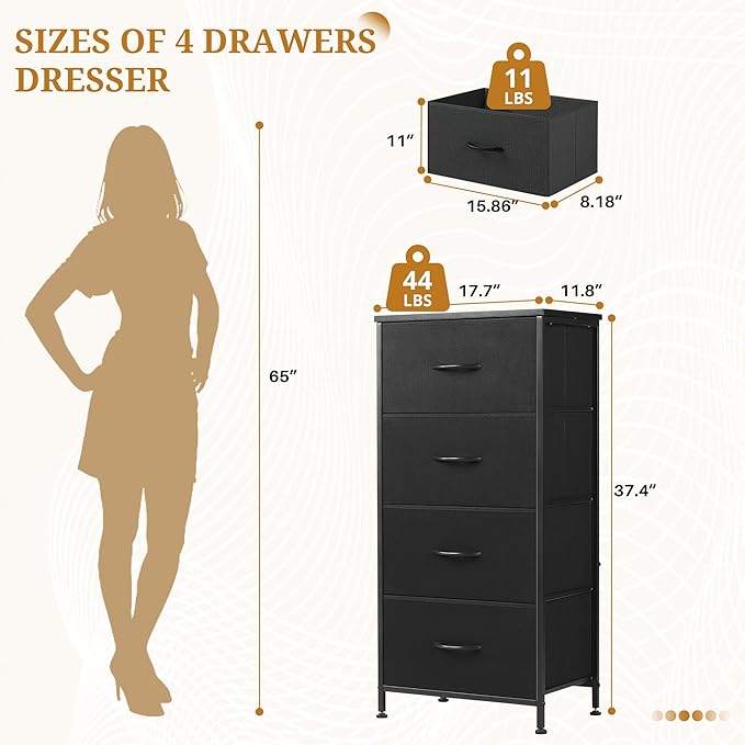 Nightstand with 4 Fabric Drawers, 37.4" H Tall Narrow Bedside Table with Wooden Top Steel Frame for Bedroom, Dorm, Closet, Living Room, Black