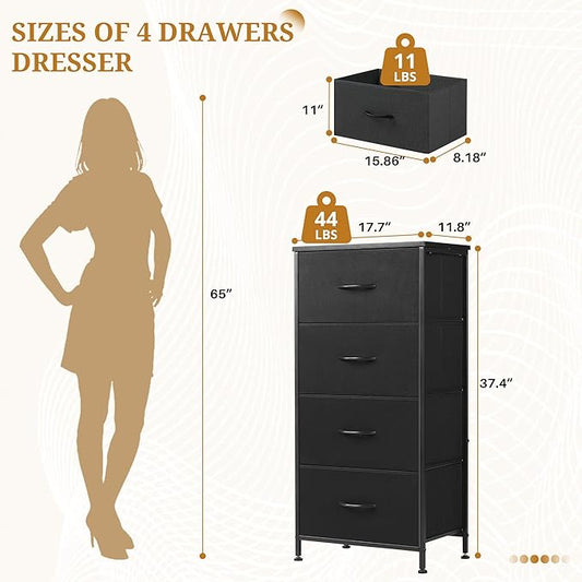Nightstand with 4 Fabric Drawers, 37.4" H Tall Narrow Bedside Table with Wooden Top Steel Frame for Bedroom, Dorm, Closet, Living Room, Black
