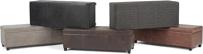 SIMPLIHOME Avalon Storage Ottoman Bench - 48 inch Wide Upholstered Vegan Leather Rectangular Lift-Top Ottoman in Distressed Brown, Contemporary Storage Bench for Living Room with High-Density Foam
