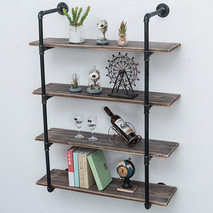 Industrial Pipe Shelving Wall Mounted,36in Rustic Metal Floating Shelves,Steampunk Real Wood Book Shelves,Wall Shelf Unit Bookshelf Hanging Wall Shelves,Farmhouse Kitchen Bar Shelving(4 Tier)