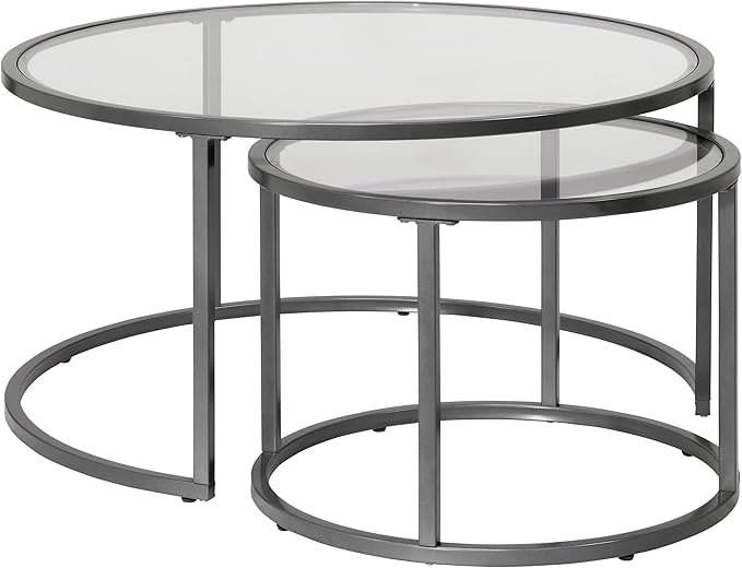 Camber Elite Metal and Glass Round Nesting Coffee Table Set, 35 Inches