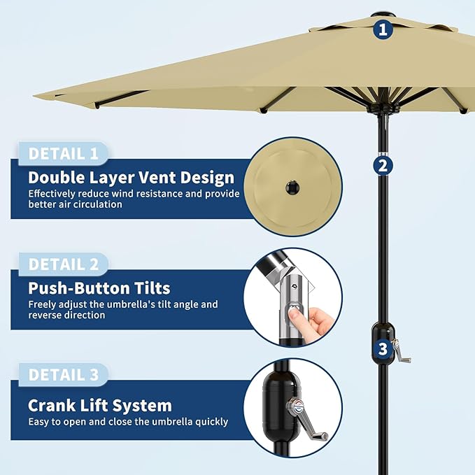 Garvee 9 ft Patio Umbrella - 8 Sturdy Ribs Outdoor Table Umbrella with Crank Lift & Push Button Tilt - Market Umbrella for Pool, Deck, Yard, Garden- Beige