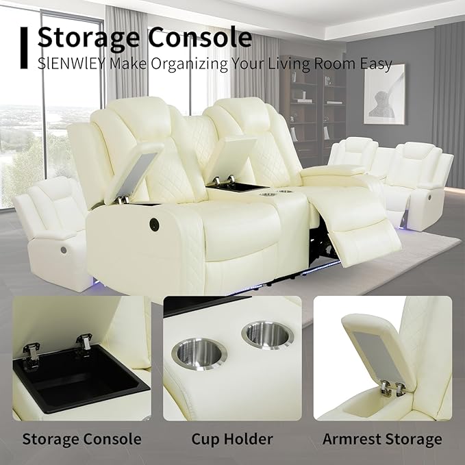 Power Leather Recliner Sofa Set with LED Light,Reclining Loveseat and Chair Set with USB,Leather Couch Set for Loveseat with Storage Console/Single Recliner 2 PCS for Living Room(White,2+1)