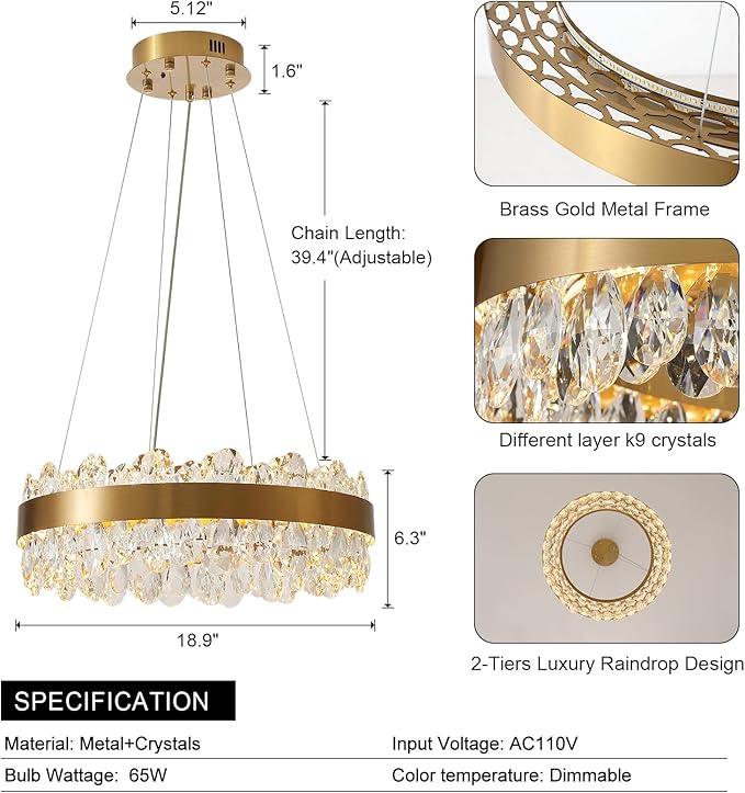 Gold Crystal Chandelier Modern LED Chandeliers 19’’ Round LED Pendant Light Fixture Dimmable Flush Mount Chandelier for Dining Room Foyer Living Room, UL Listed