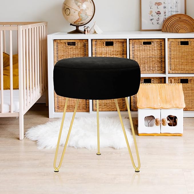 Velvet Soft Modern Vanity Footstool -Round Footrest Stool Ottoman Side Table Seat Dressing with Golden Metal Leg and Sponge Filling,Upholstered Foot Rest, for Living Room and Bedroom Black