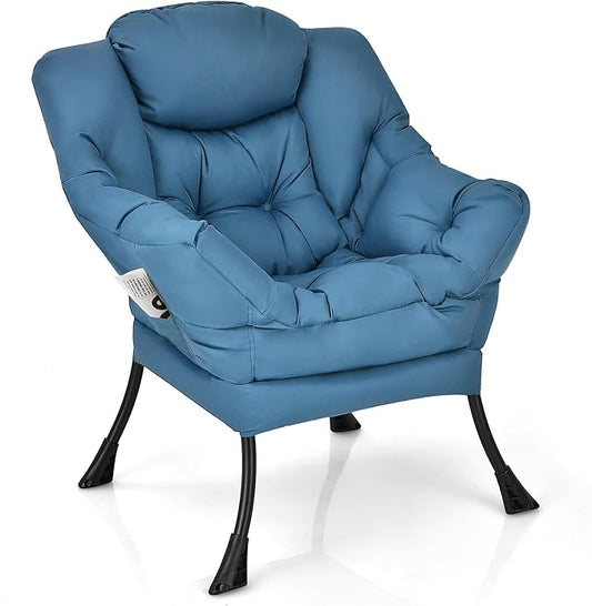 KOMFOTT Modern Accent Chair, Soft Upholstered Lazy Sofa with Side Pocket & Armrests, Single Sofa Armchair, Leisure Sofa Chair for Living Room, Bedroom, Navy