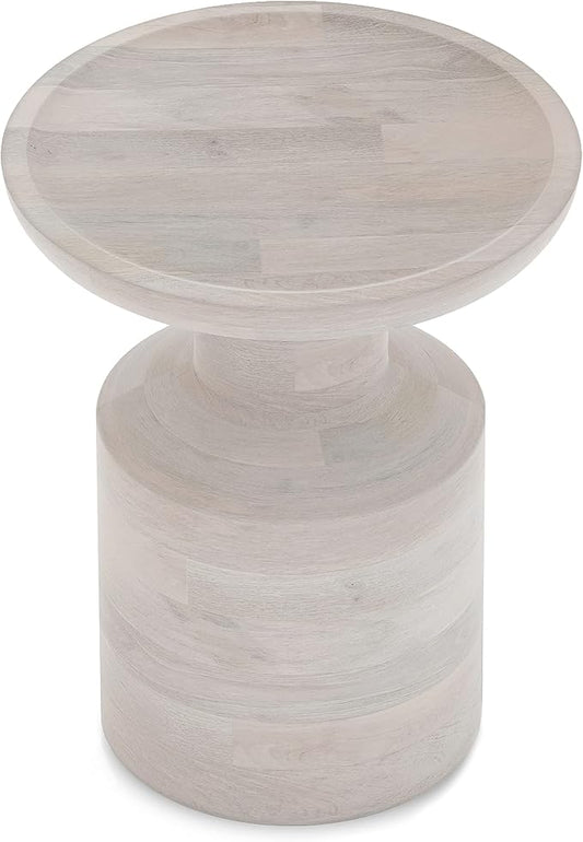SIMPLIHOME Haynes End Table - 16 inch Wide Solid Mango Wood Round Accent Table with Sculptural Pedestal Base in White Wash, Boho Nightstand or Lamp Stand for Living Room or Bedroom, Assembled