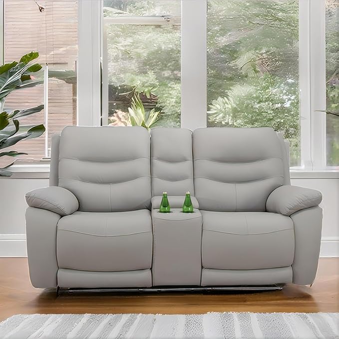 Power Reclining Loveseat with 2 Chairs, Genuine Leather Recliner Couch Set, Light Grey Leather Recliners Set, 3 Pieces Living Room Furniture with Cup Holders/Storage/USB Port