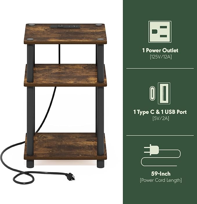Furinno JUST Side Table, 3-Tier Modern End Table with Charging Station, Easy Assembly Night Stand, Bedside Table with USB and Type-C Charging Port, for Living Room, Bedroom, Amber Pine