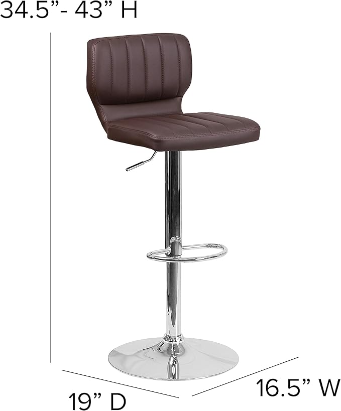 Flash Furniture Contemporary Brown Vinyl Adjustable Height Barstool with Vertical Stitch Back and Chrome Base (Pack of 1)