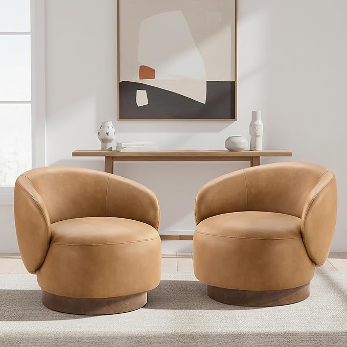 Swivel Accent Chair Modern Round Barrel Armchair with Upholstered Faux Leather for Living Room Bedroom Waitingroom,2 Box,Brown