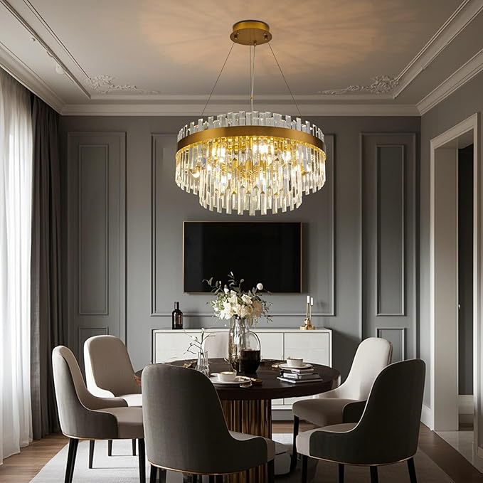 Modern Luxury Brushed Brass Gold Crystal Chandelier, 6-Light 2-Tier Raindrop Round Pendant Ceiling Light for Dining Room,Kitchen Island,Foyer,Bedroom,Entryway - 19.7" D,E12 Base