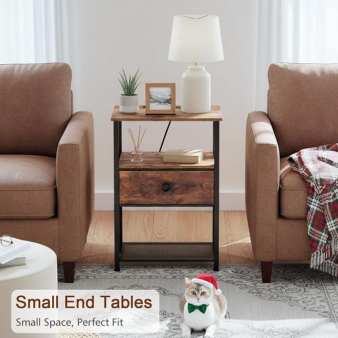 Night Stand Set 2, Nightstand with Charging Station, End Tables Living Room with Fabric Drawer for Small Spaces, Bed Side Tables with Storage Shelf for Bedroom, Rustic Brown HETS010PBR