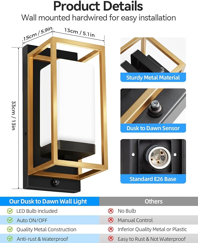 RAYVO Modern Outdoor Wall Light with Dusk to Dawn Sensor, Waterproof Exterior Light Fixture with E26 Base, 3000K LED Bulb Included, Outdoor Sconce Lights for Porch Garage Entryway