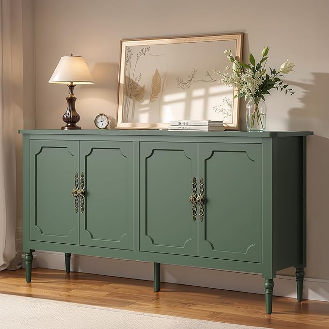 Console Table, 58'' Mid Century Modern Pantry Cabinet, Wood Buffet Sideboard, Media Credenza with 4 Doors, Accent Storage for Entryway, Living Room, Bedroom, Dining Room(Green1)