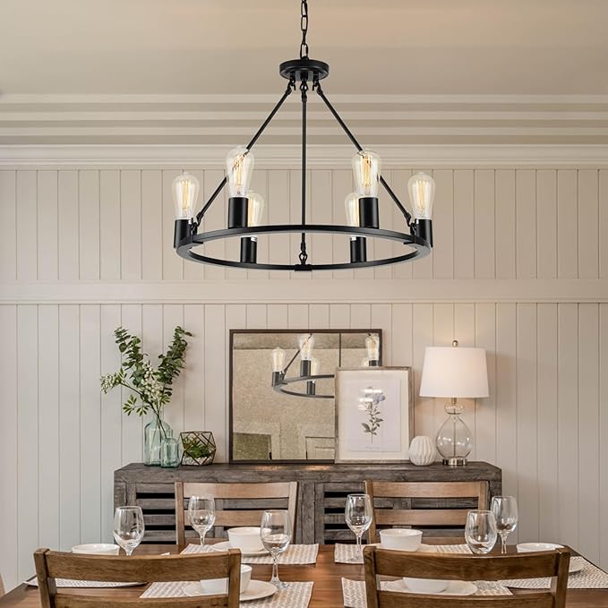 Black Chandelier, 6-Light Dining Room Light Fixture, Round Farmhouse Wagon Wheel Chandeliers for Dining Room Living Room Entryway Kitchen Island Dia 24"