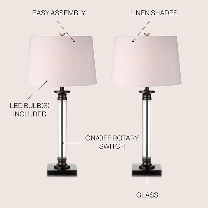 JONATHAN Y 30" Black/Clear Glass and Metal Column Table Lamp Set of 2 for Living Room Bedroom, Traditional Iron Base with White Linen Drum Shade, LED Bulbs Included JYL1008A-SET2