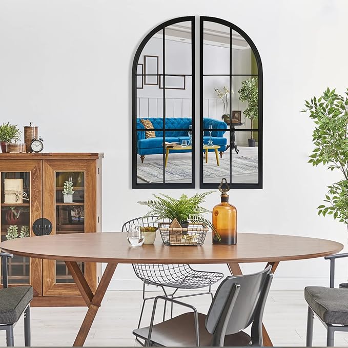 Black Arched Mirror Set of 2,Window Pane Mirror for Wall Decor,Farmhouse Wall Mounted Mirrors for Entryway,Hallway,Living Room,Fireplace.2-Pack 38"X13.4"
