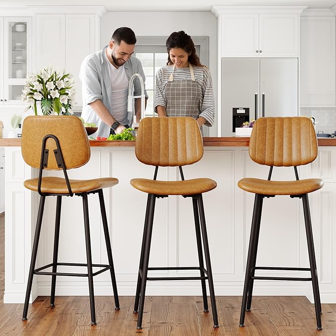 29-Inch Leather Bar Stools Set of 3, Counter Height Barstools with High Backrest，Bar Chairs for Kitchen Island with Heavy Duty Metal Legs, Brown
