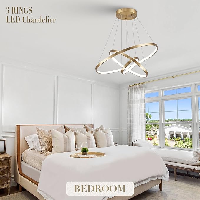 3 Rings LED Chandeliers Modern Gold Chandelier Dimmable Flush Mount Pendant Light Fixture Remote Control Contemporary Pendant Chandelier for Dining Room Bedroom Foyer, 3000-6500K