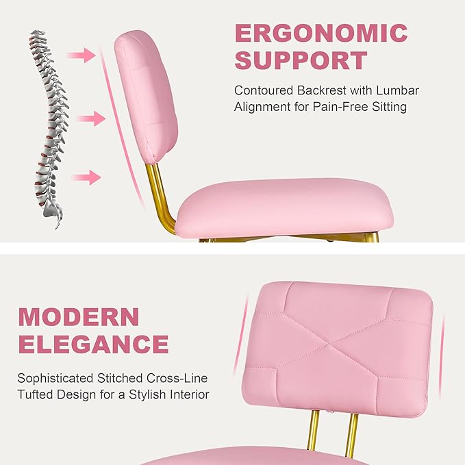 VECELO Dining Chairs Set of 2, Modern Upholstered Kitchen Chairs with Faux Leather Cushion Seat & Metal Legs for Kitchen, Living Room, Tufted Backrest Design, Pink