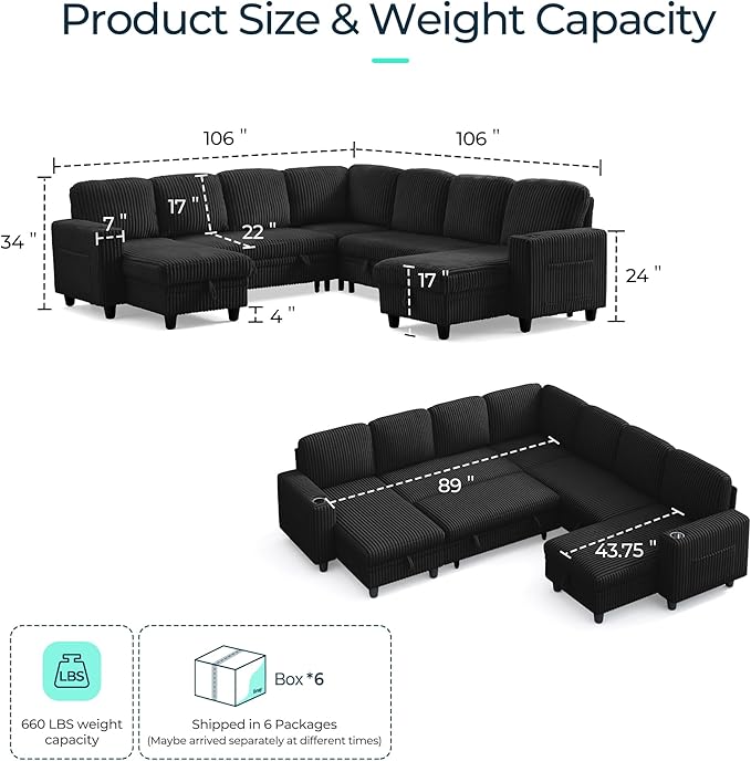 LINSY HOME Sectional Sleeper Sofa with Pull Out Couch Bed - Convertible Plush Corduroy Cloud Couches with Storage Chaise & USB Charging, Comfy Modular Couch for Living Room, Black