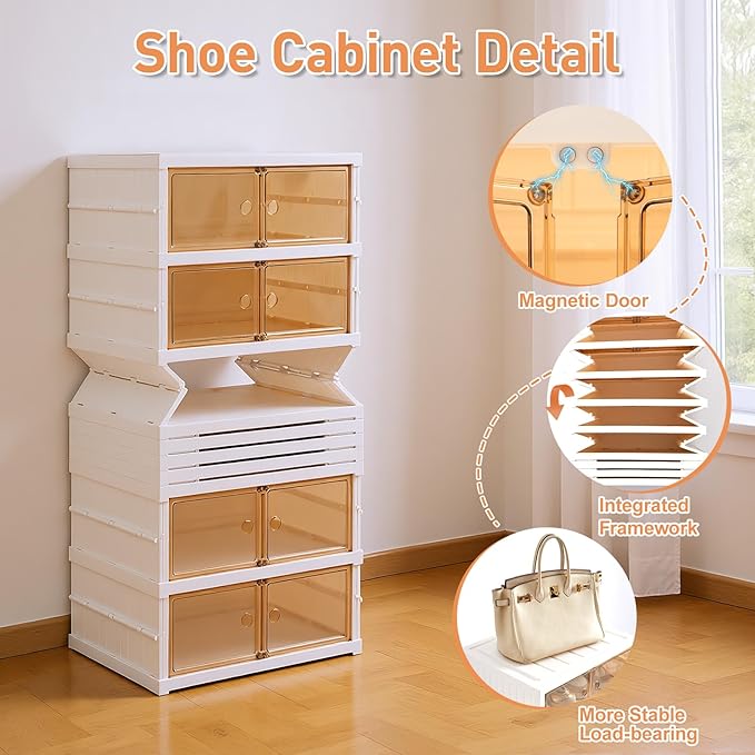 SAYMA 9 Tiers-18 Pairs Foldable Shoe Rack Organizer Plastic Collapsible Shoe Shelf Clear Shoe Boxes Stackable with Door Easy Assembly Shoe Cabinet for Entryway, Living Room (9 Tiers-18 Pairs)