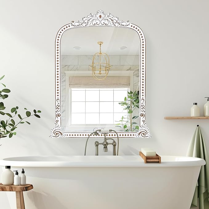 34x42 Inch Baroque Beaded Arched Wooden Wall Mirror, Ornate Rustic Farmhouse Decorative Mirror for Entryway, Fireplace Mantel, Living Room, Bathroom