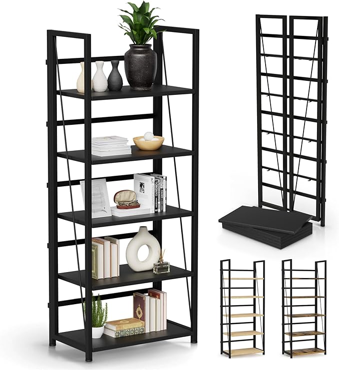 5 Tier Wood Book Shelf Organizer, No Assembly Bookshelf for Bedroom Living Room Office, Rustic Foldable Book Case, Tall Bookshelves, Open Book Shelves, Decorative Folding Shelf Display, Tall Bookcase