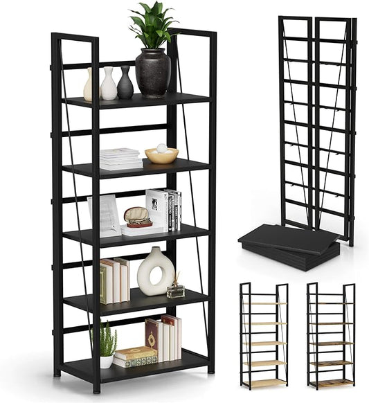 5 Tier Wood Book Shelf Organizer, No Assembly Bookshelf for Bedroom Living Room Office, Rustic Foldable Book Case, Tall Bookshelves, Open Book Shelves, Decorative Folding Shelf Display, Tall Bookcase
